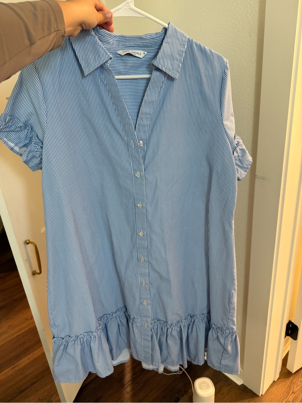 Light Blue Striped Women's Button-Front Ruffle Hem Top